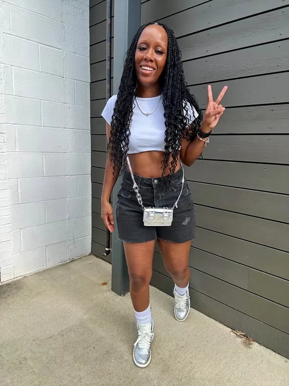 White Crop Top With Denim Shorts and Silver High Tops White Crop Top With Denim Shorts and Silver High Tops — Simple Jordans Outfits