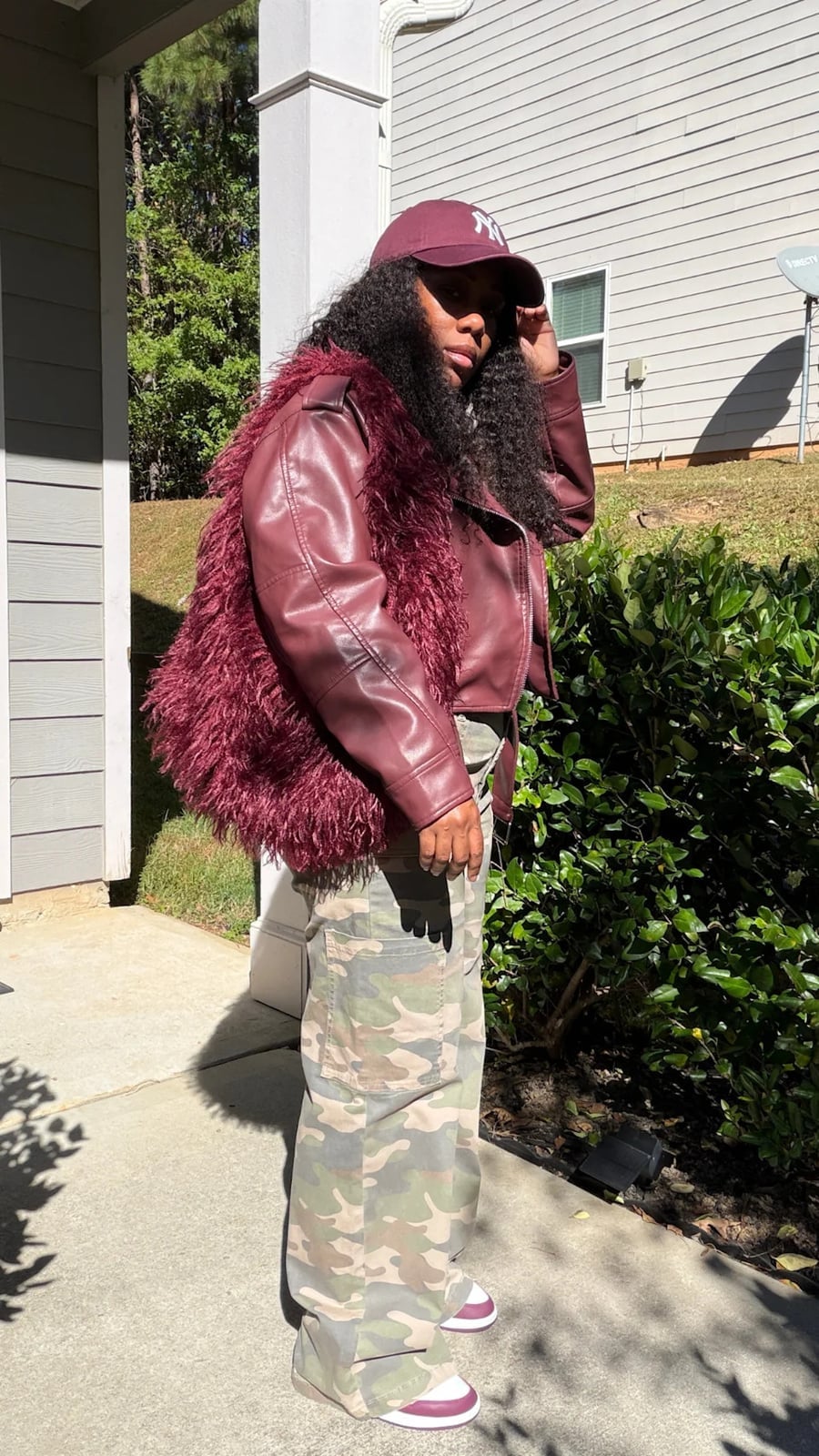 Faux Fur Vest With Leather Jacket and Camo Pants Faux Fur Vest With Leather Jacket and Camo Pants — Simple Jordans Outfits