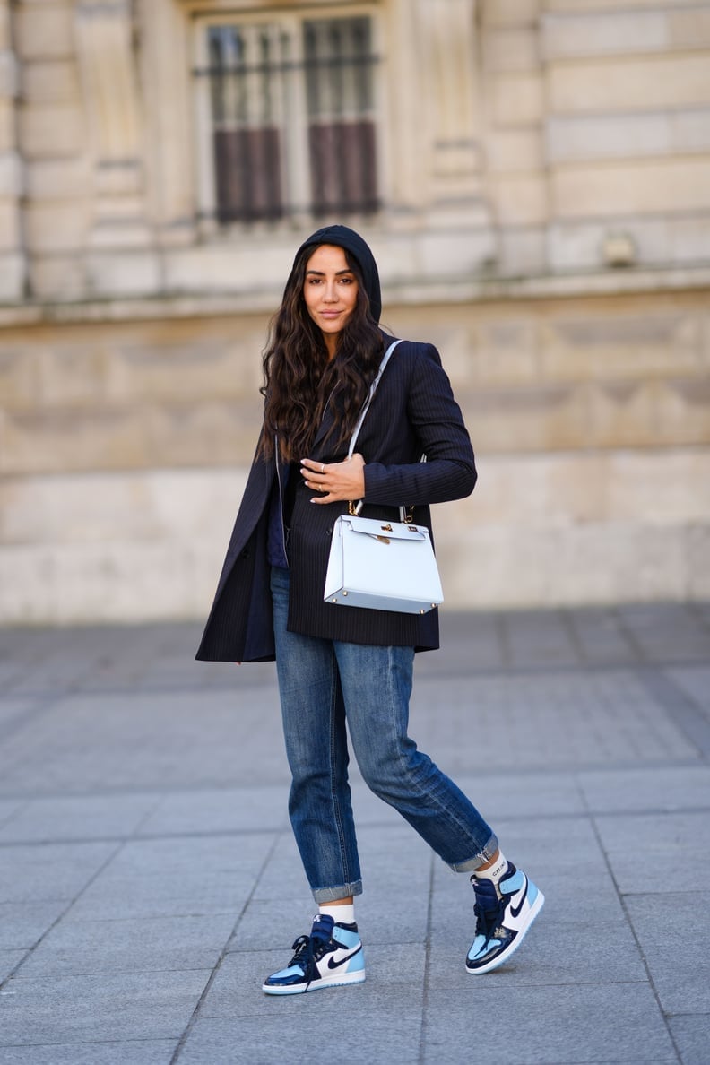 Pinstripe Blazer Over Hooded Top With Relaxed Fit Jeans Pinstripe Blazer Over Hooded Top With Relaxed Fit Jeans — Simple Jordans Outfits
