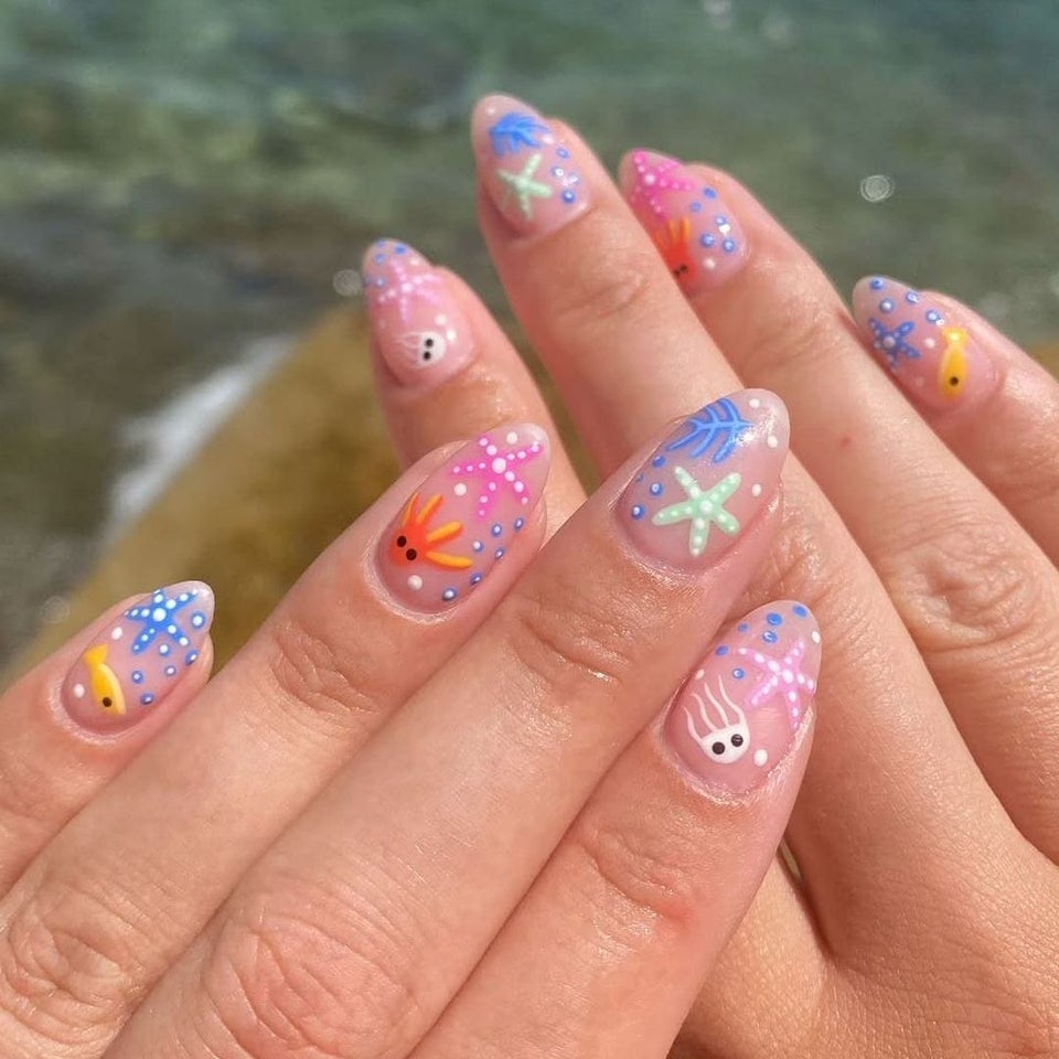 Medium Almond Nails with Hand-Painted Sea Creatures — Simple Kawaii Nails
