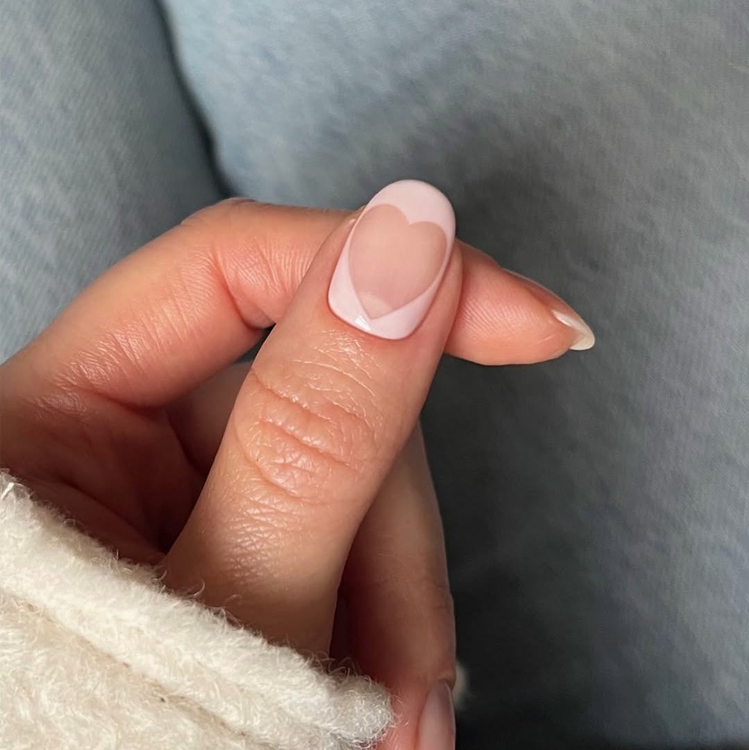 Short Square Pink Nails with a Light Pink Heart — Simple Kawaii Nails