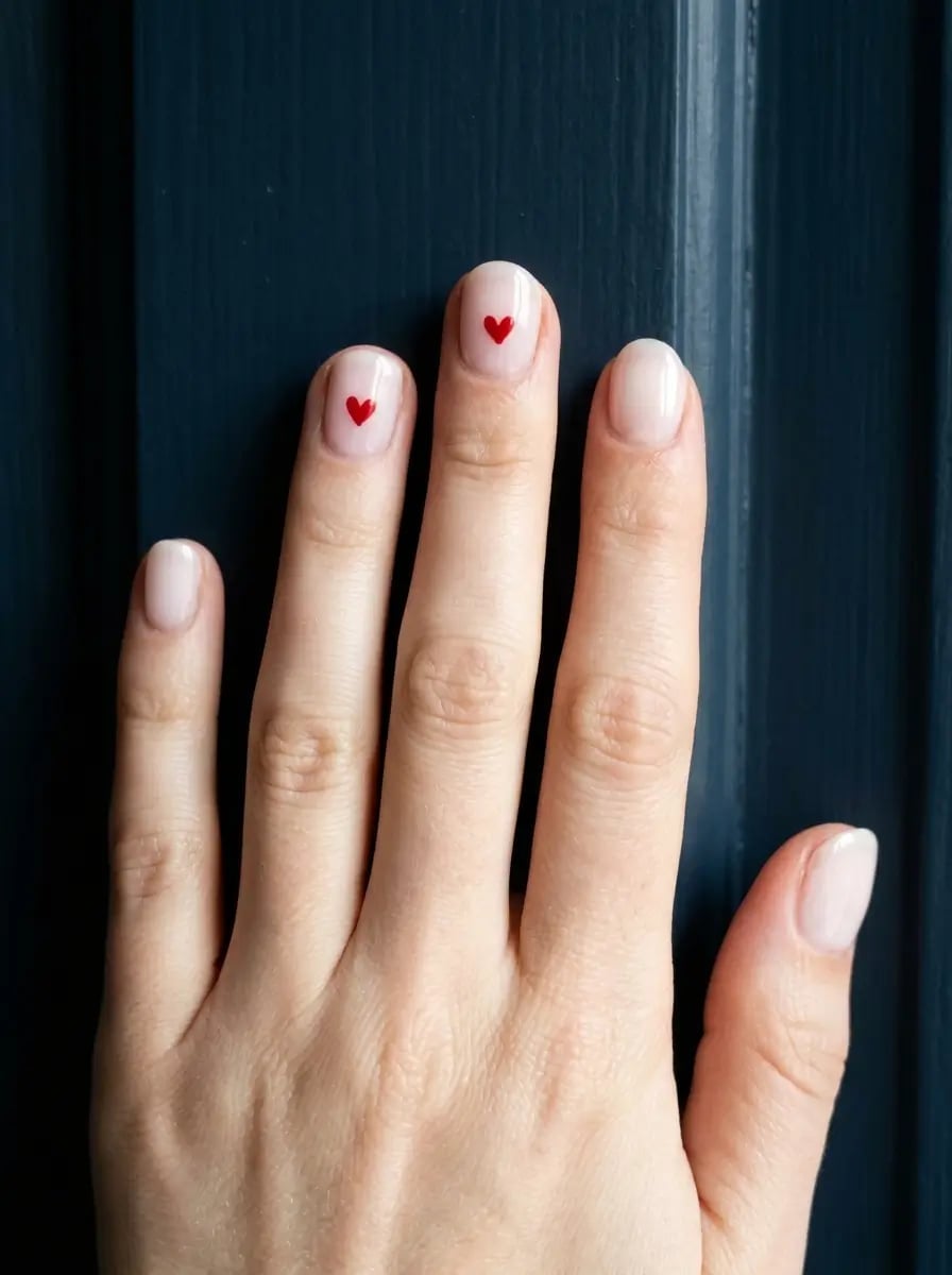 Short Almond Nude Nails with Tiny Red Hearts — Simple Kawaii Nails