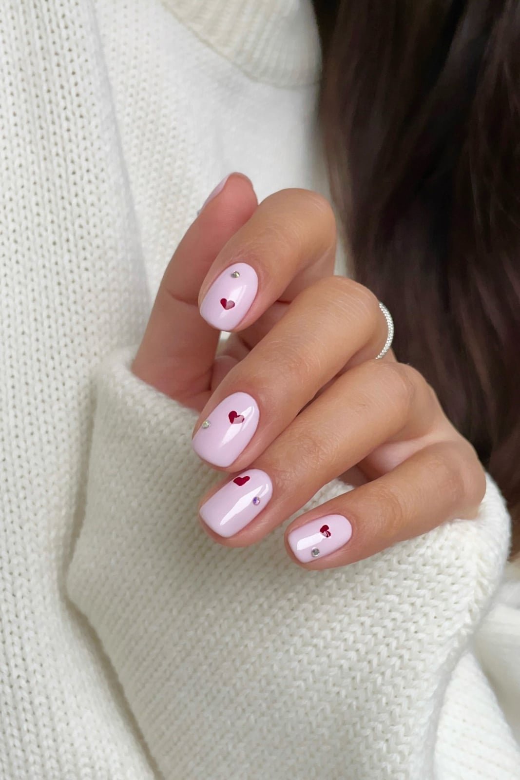 Short Oval Soft Pink Nails with Red Hearts and Rhinestones — Simple Kawaii Nails