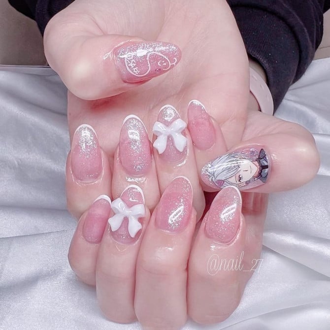 Medium Almond Pink French with White Bows and Lace — Simple Kawaii Nails