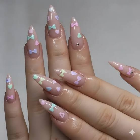 Long Almond Nude Nails with Pastel Bows and Hearts — Simple Kawaii Nails