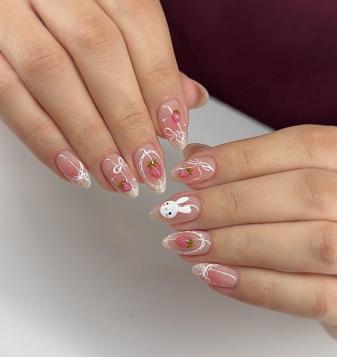 Oval Nails with White Kawaii Line Art — Simple Kawaii Nails