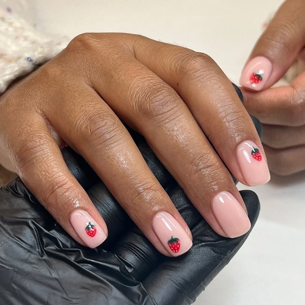 Short Almond Nails with Red Strawberry Art — Simple Kawaii Nails