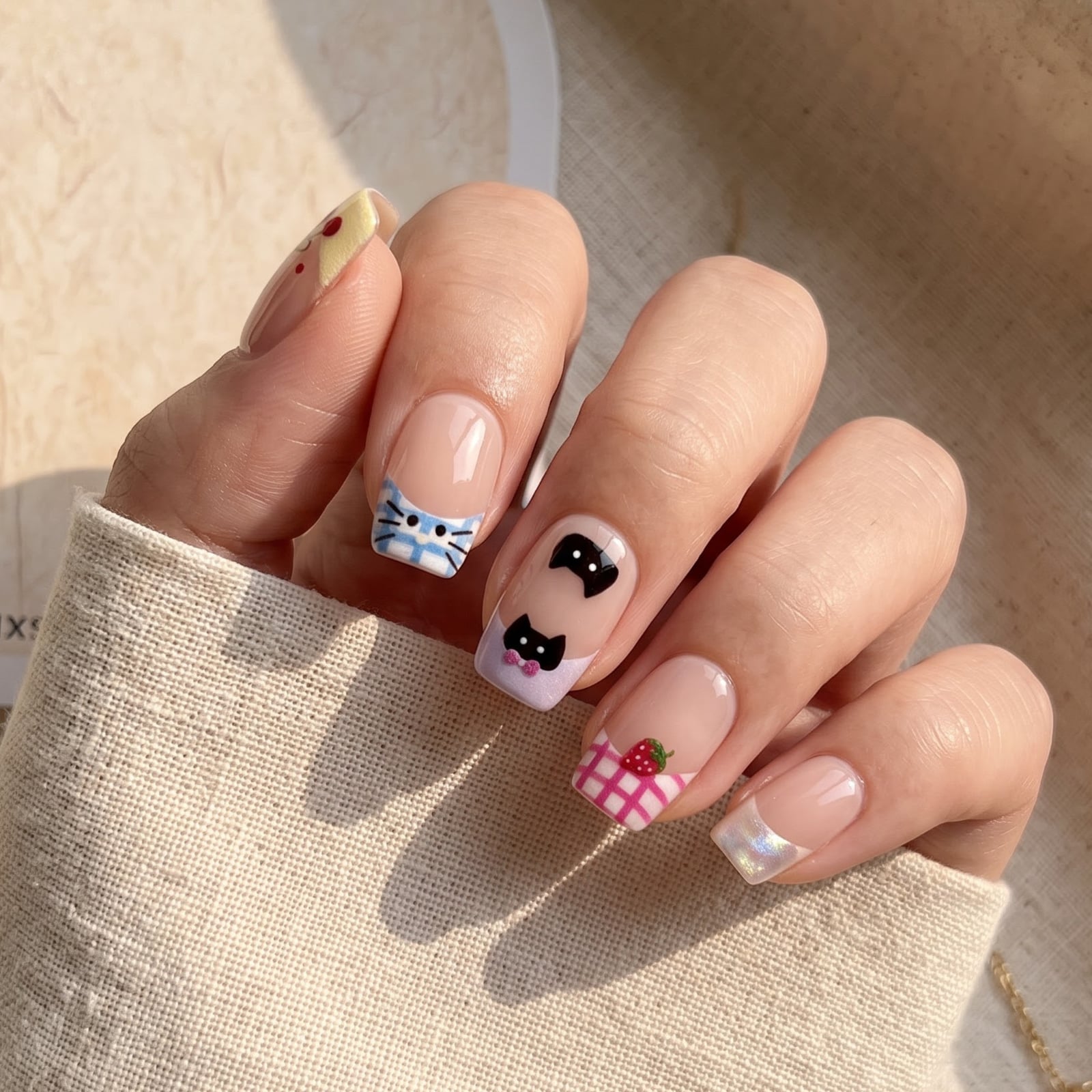 Short Square Pink French Nails with Cat Faces — Simple Kawaii Nails