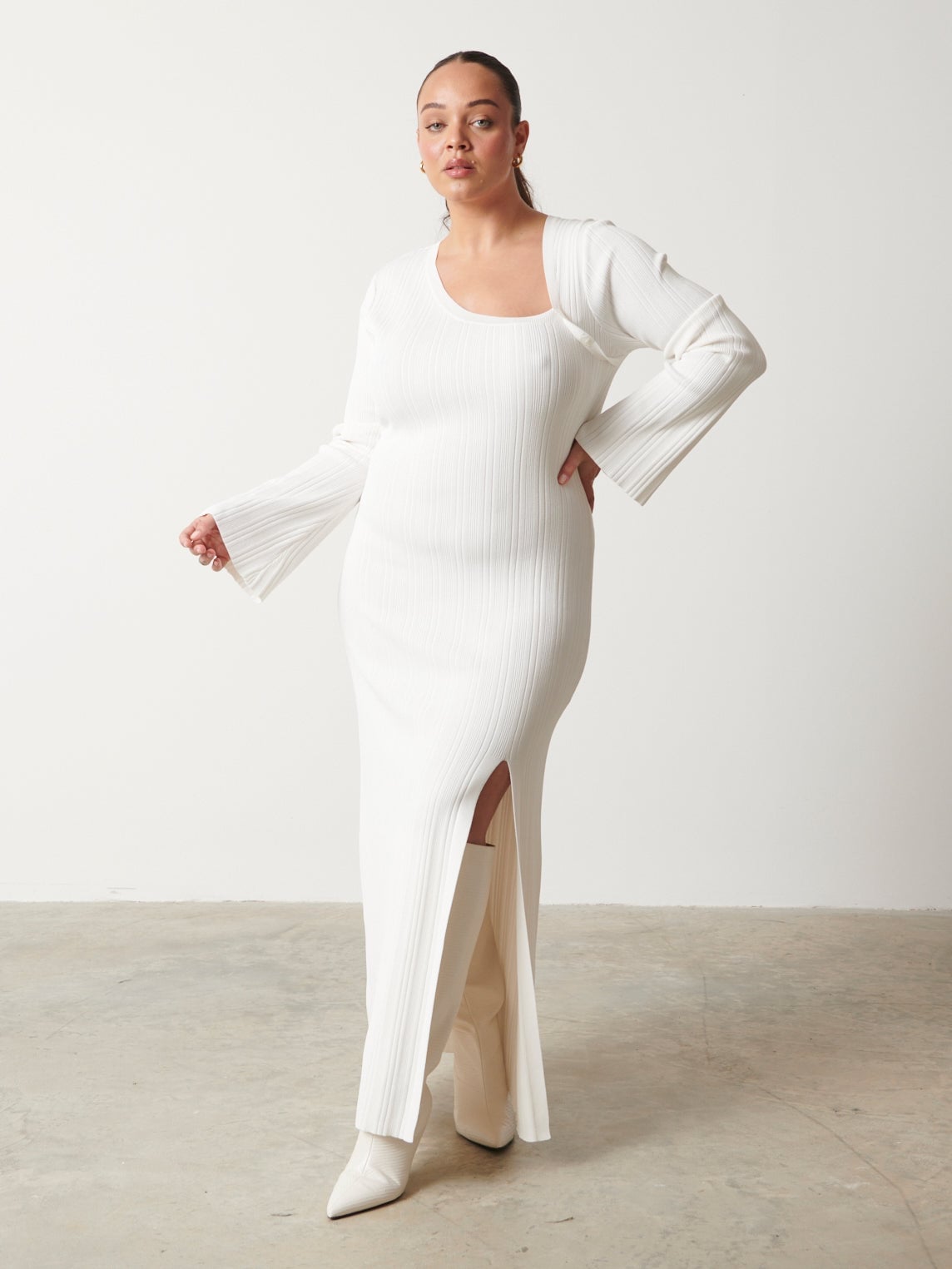 White Ribbed Knit Dress with Square Neckline White Ribbed Knit Dress with Square Neckline — Simple Knitted Dresses