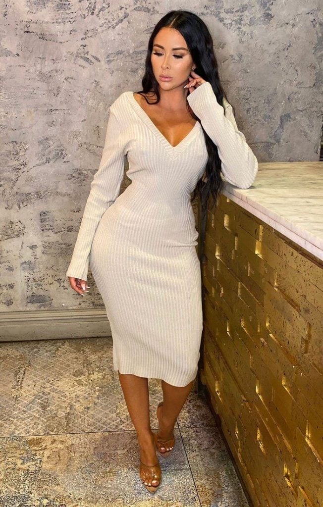 Beige Ribbed Knit Midi Dress with V-Neck Beige Ribbed Knit Midi Dress with V-Neck — Simple Knitted Dresses