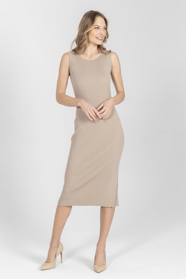Beige Sleeveless Ribbed Knit Bodycon Dress Beige Sleeveless Ribbed Knit Bodycon Dress — Simple Knitted Dresses