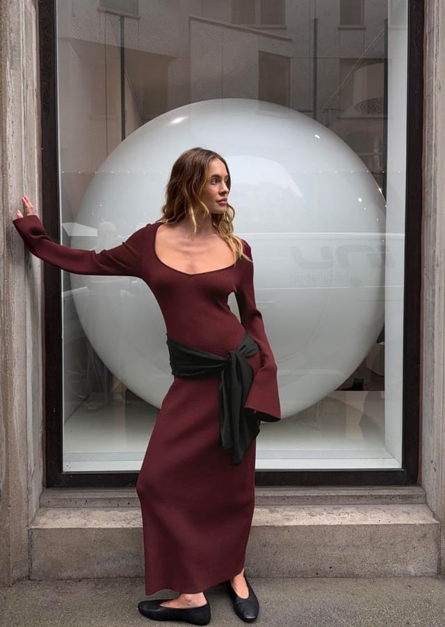 Burgundy Fine Knit Dress with Deep V-Neck and Sash Burgundy Fine Knit Dress with Deep V-Neck and Sash — Simple Knitted Dresses