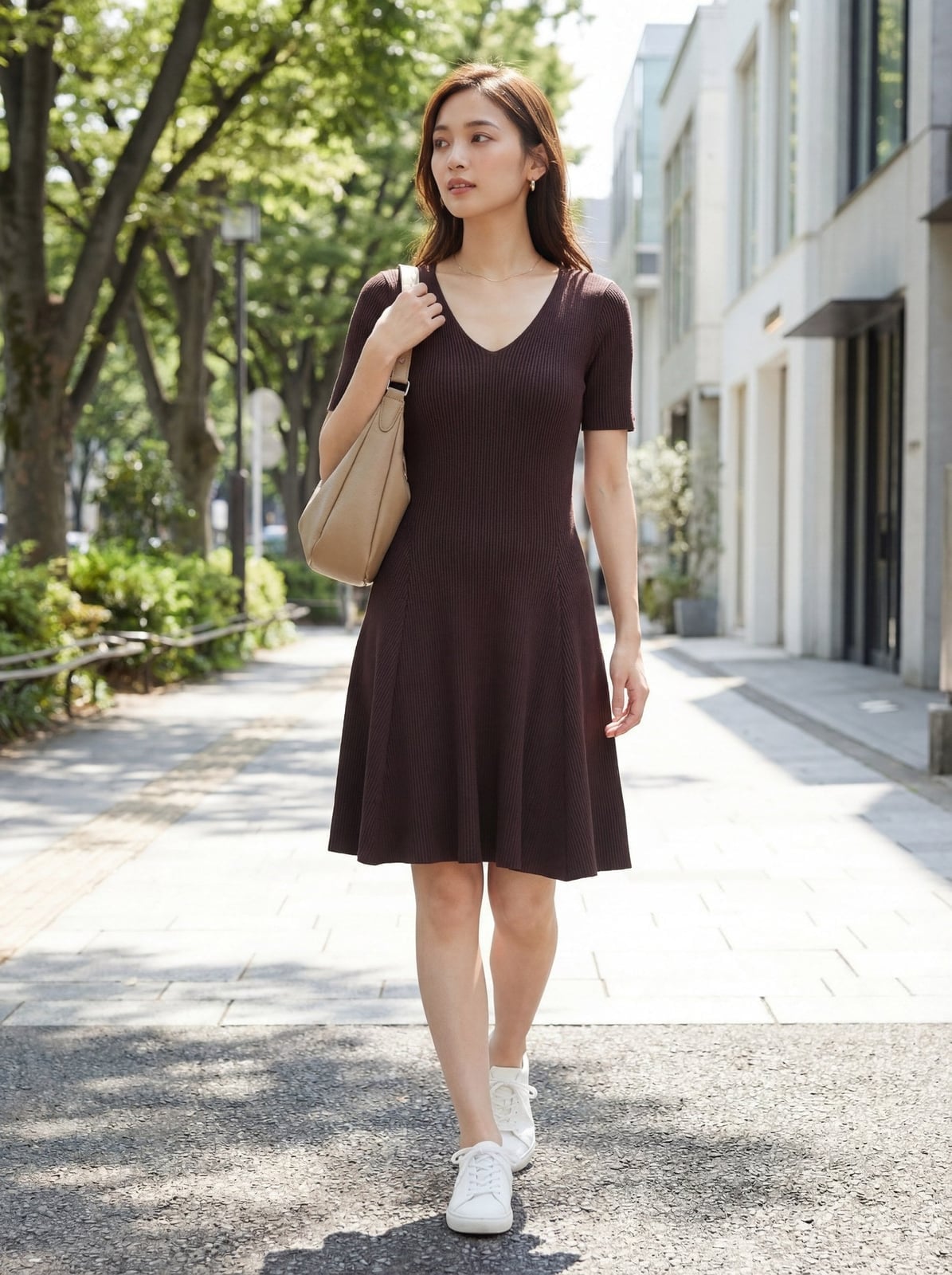 Brown Short Sleeve Ribbed Knit Dress with V-Neck Brown Short Sleeve Ribbed Knit Dress with V-Neck — Simple Knitted Dresses