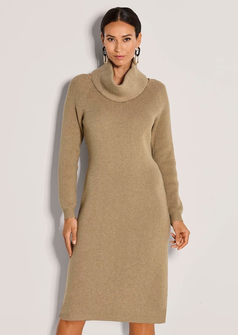 Beige Fine Knit Midi Dress with Cowl Neckline Beige Fine Knit Midi Dress with Cowl Neckline — Simple Knitted Dresses