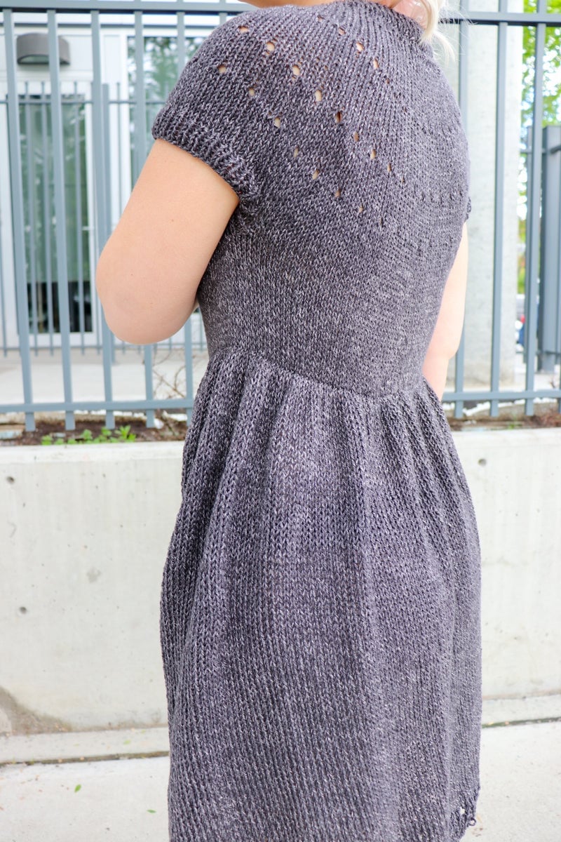 Grey Knitted A-Line Dress with Eyelet Yoke Grey Knitted A-Line Dress with Eyelet Yoke — Simple Knitted Dresses