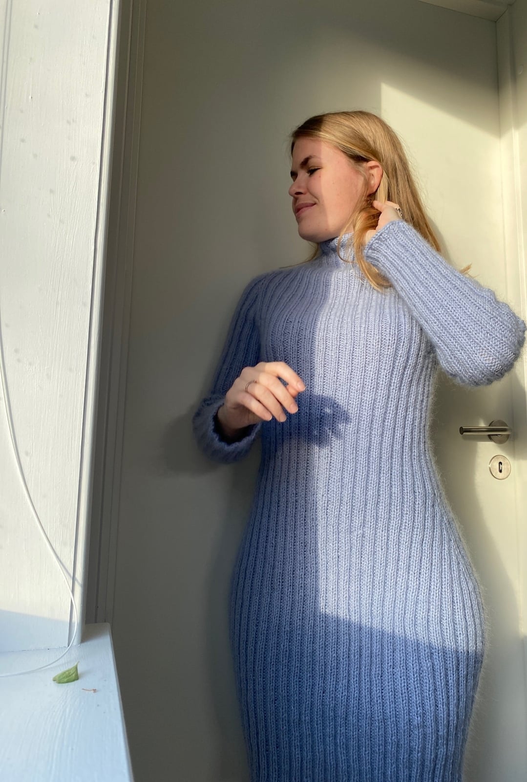 Light Blue Ribbed Knit Turtleneck Dress Light Blue Ribbed Knit Turtleneck Dress — Simple Knitted Dresses