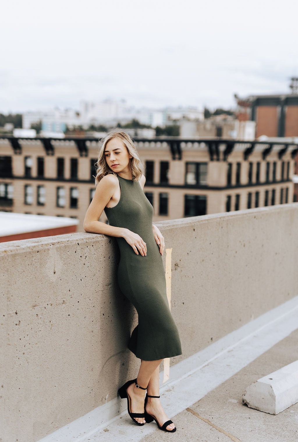 Olive Green Sleeveless Ribbed Knit Midi Dress Olive Green Sleeveless Ribbed Knit Midi Dress — Simple Knitted Dresses