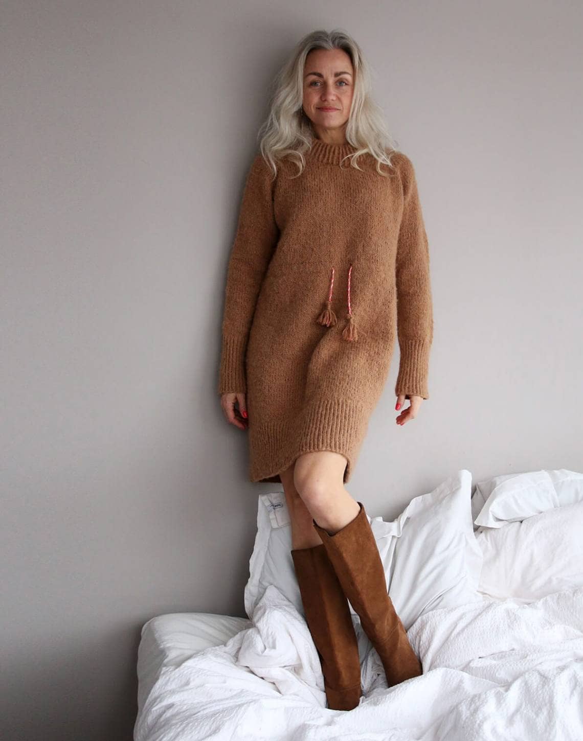 Camel Brown Chunky Knit Dress with Tassel Detail Camel Brown Chunky Knit Dress with Tassel Detail — Simple Knitted Dresses