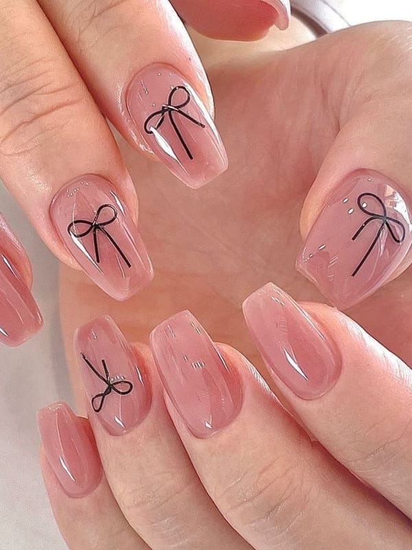 Sheer Pink Square Coffin Nails With Black Bows Sheer Pink Square Coffin Nails With Black Bows — Simple Korean Nails