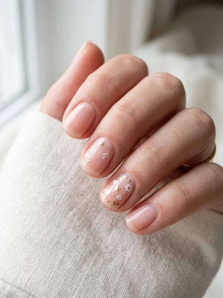 Short Oval Sheer Nude With Gold Floral Accents Short Oval Sheer Nude With Gold Floral Accents — Simple Korean Nails