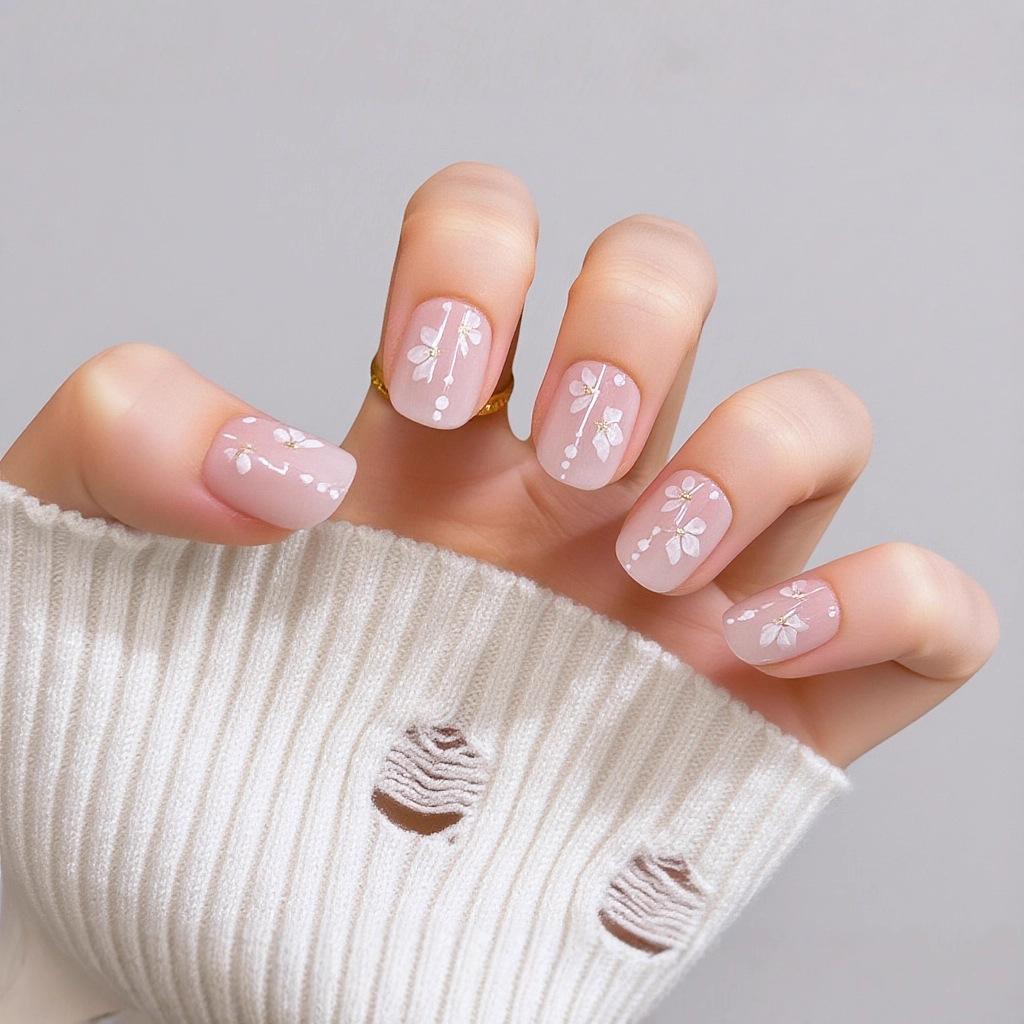 Short Square Pale Pink Nails With White Flowers Short Square Pale Pink Nails With White Flowers — Simple Korean Nails