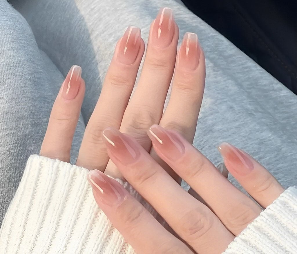 Long Oval Jelly Gradient Nude Pink Nails Long Oval Jelly Gradient Nude Pink Nails — Simple Korean Nails
