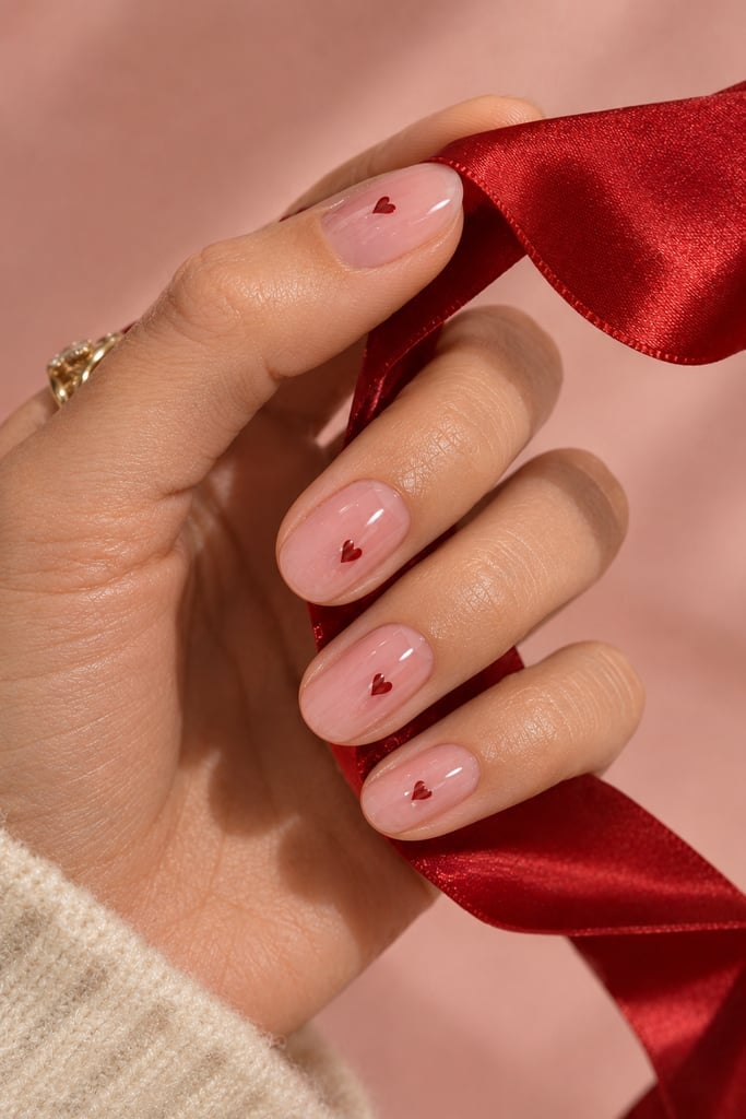 Sheer Pink Oval Nails With Tiny Red Hearts Sheer Pink Oval Nails With Tiny Red Hearts — Simple Korean Nails