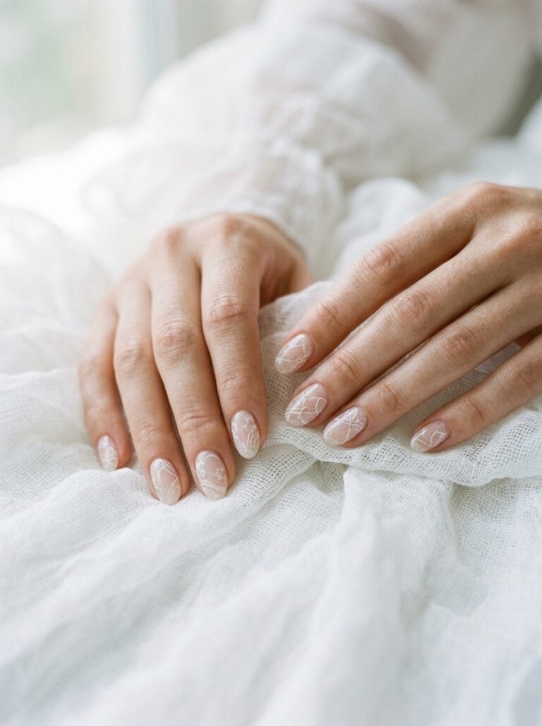 Medium Oval Sheer Nude White Lace-Like Pattern, Glossy Medium Oval Sheer Nude White Lace-Like Pattern, Glossy — Simple Lace Nails