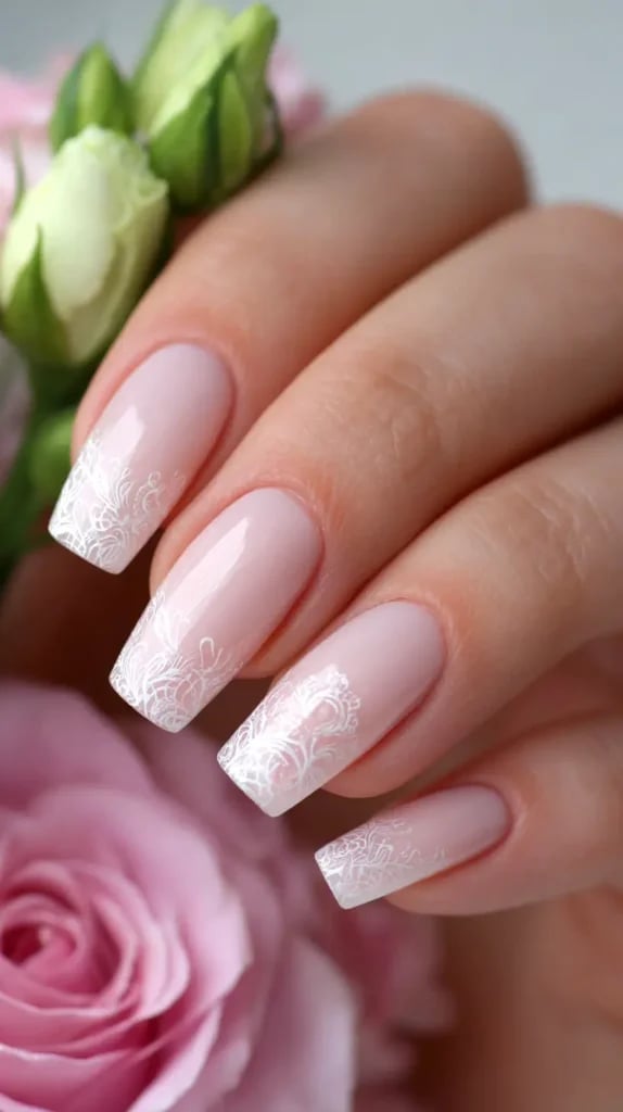 Medium Soft Square Sheer Nude White Lace French Medium Soft Square Sheer Nude White Lace French — Simple Lace Nails