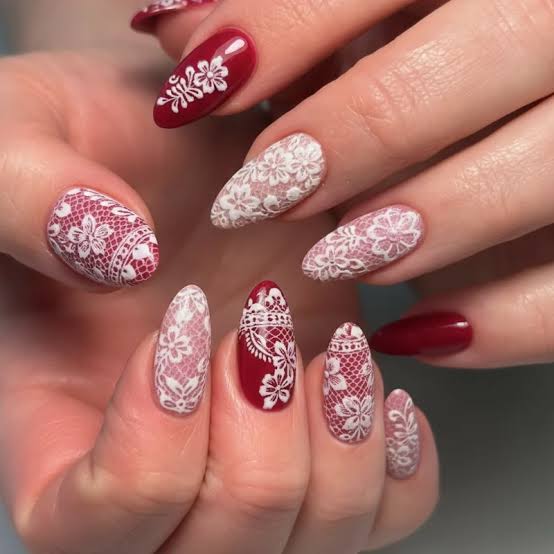 Short Almond Red Glossy White Lace Accents Short Almond Red Glossy White Lace Accents — Simple Lace Nails