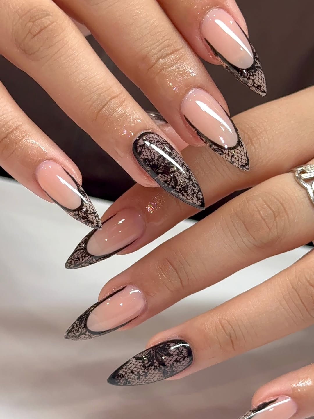 Medium Almond Nude Black Lace Tip Accent Medium Almond Nude Black Lace Tip Accent — Simple Lace Nails