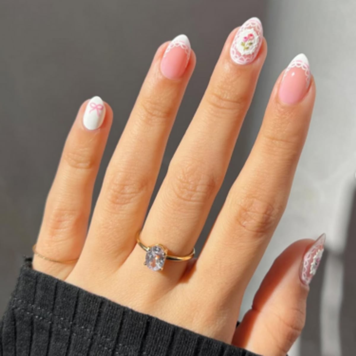 Long Sharp Almond White Lace Floral Nails Long Sharp Almond White Lace Floral Nails — Simple Lace Nails