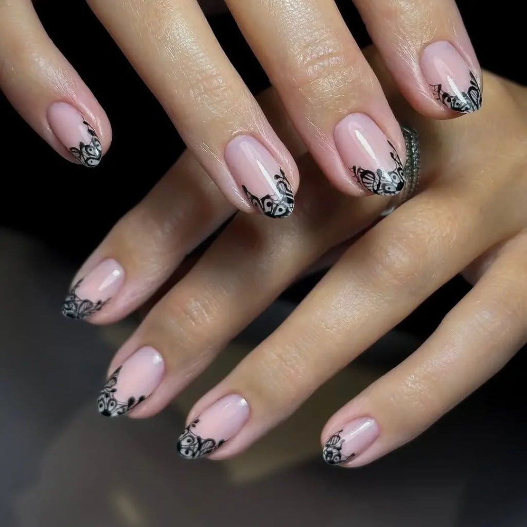 Medium Oval Pink Sheer Black Lace French Medium Oval Pink Sheer Black Lace French — Simple Lace Nails