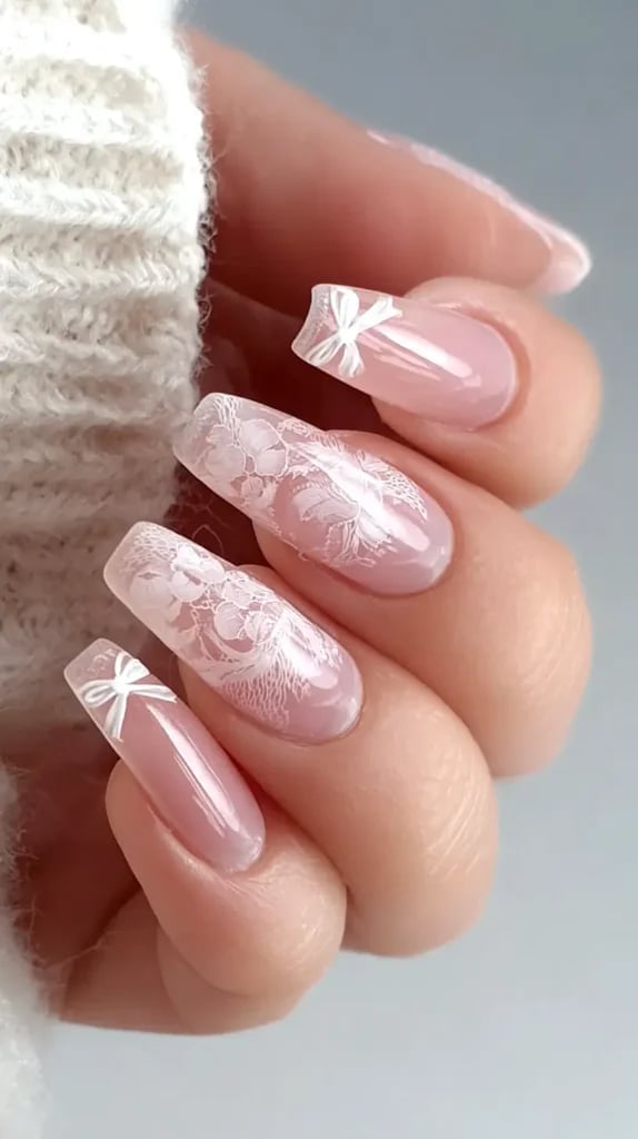 Long Stiletto Pink White Lace Bow Accents Long Stiletto Pink White Lace Bow Accents — Simple Lace Nails