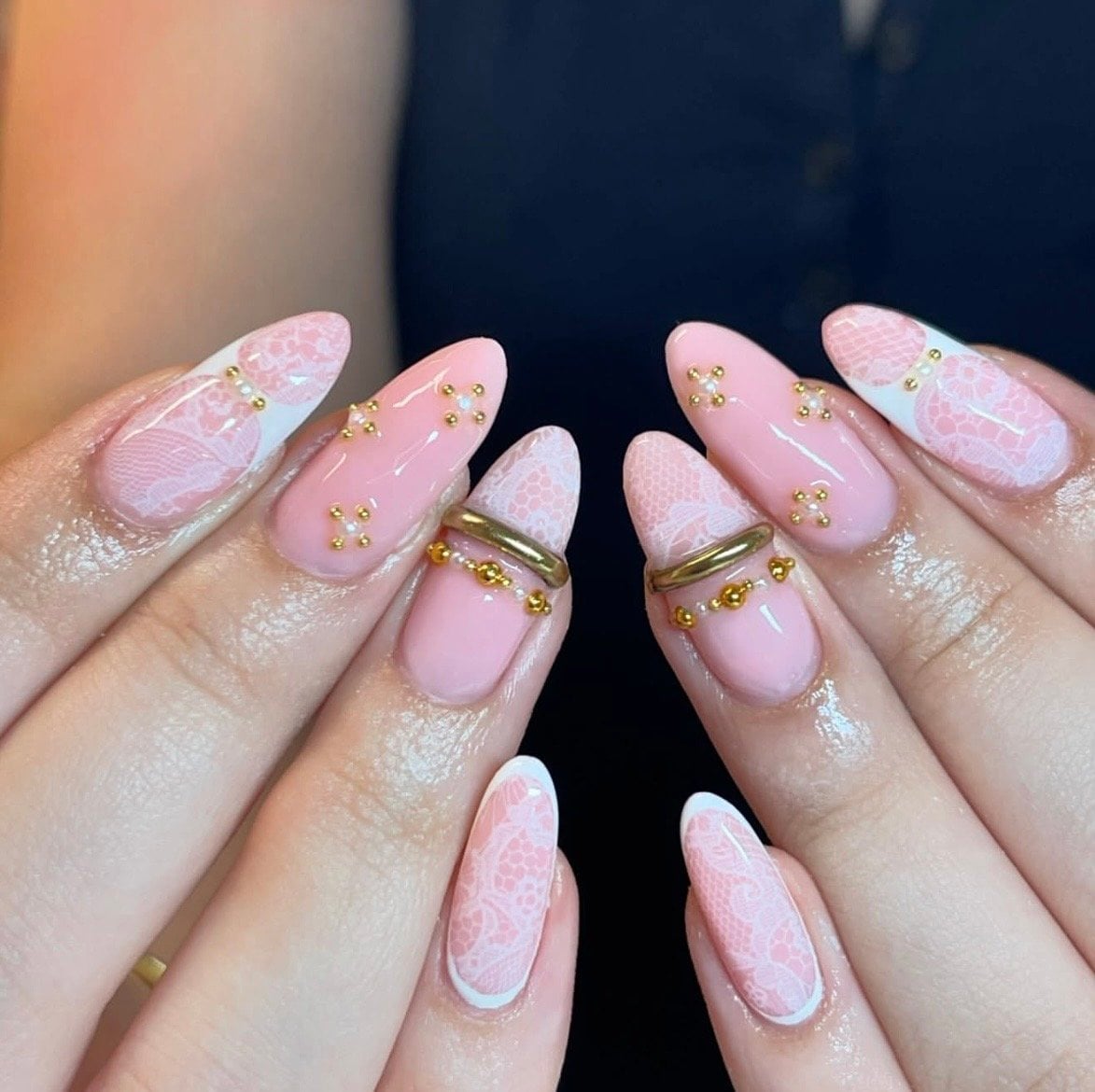 Medium Almond Pale Pink Lace Gold Beads Medium Almond Pale Pink Lace Gold Beads — Simple Lace Nails