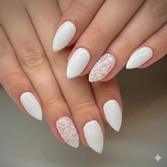 Medium Almond Milky White Delicate Lace, Glossy Medium Almond Milky White Delicate Lace, Glossy — Simple Lace Nails