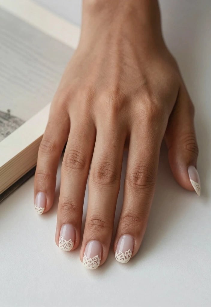 Long Almond Nude White Lace French Bows Long Almond Nude White Lace French Bows — Simple Lace Nails