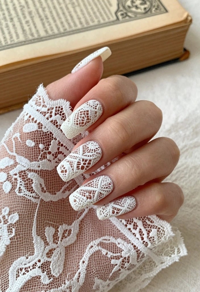 Long Coffin Matte White Textured Lace Nails Long Coffin Matte White Textured Lace Nails — Simple Lace Nails