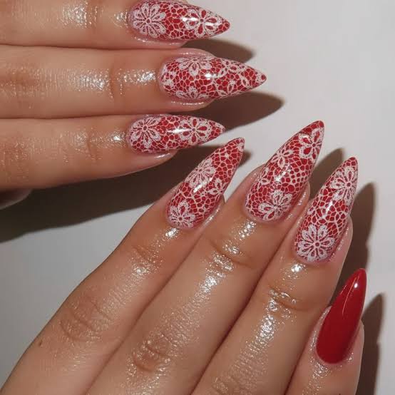 Long Stiletto Red Base White Lace Nails Long Stiletto Red Base White Lace Nails — Simple Lace Nails