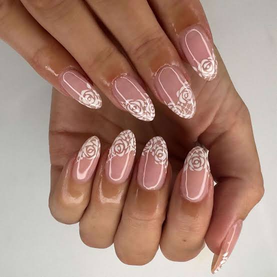 Medium Almond Pink Base White Lace Floral Medium Almond Pink Base White Lace Floral — Simple Lace Nails