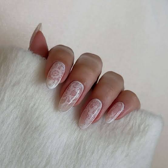 Medium Almond Milky White Lace Overlay Nails Medium Almond Milky White Lace Overlay Nails — Simple Lace Nails