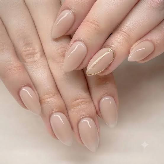 Sheer Nude Gold Line Accent Medium Almond Nails Sheer Nude Gold Line Accent Medium Almond Nails — Simple Luxury Nails