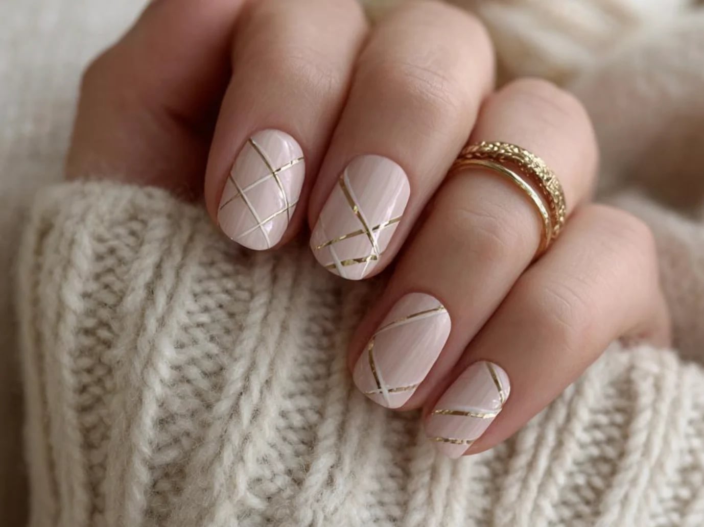 Pale Pink Gold Line Short Oval Nails Pale Pink Gold Line Short Oval Nails — Simple Luxury Nails