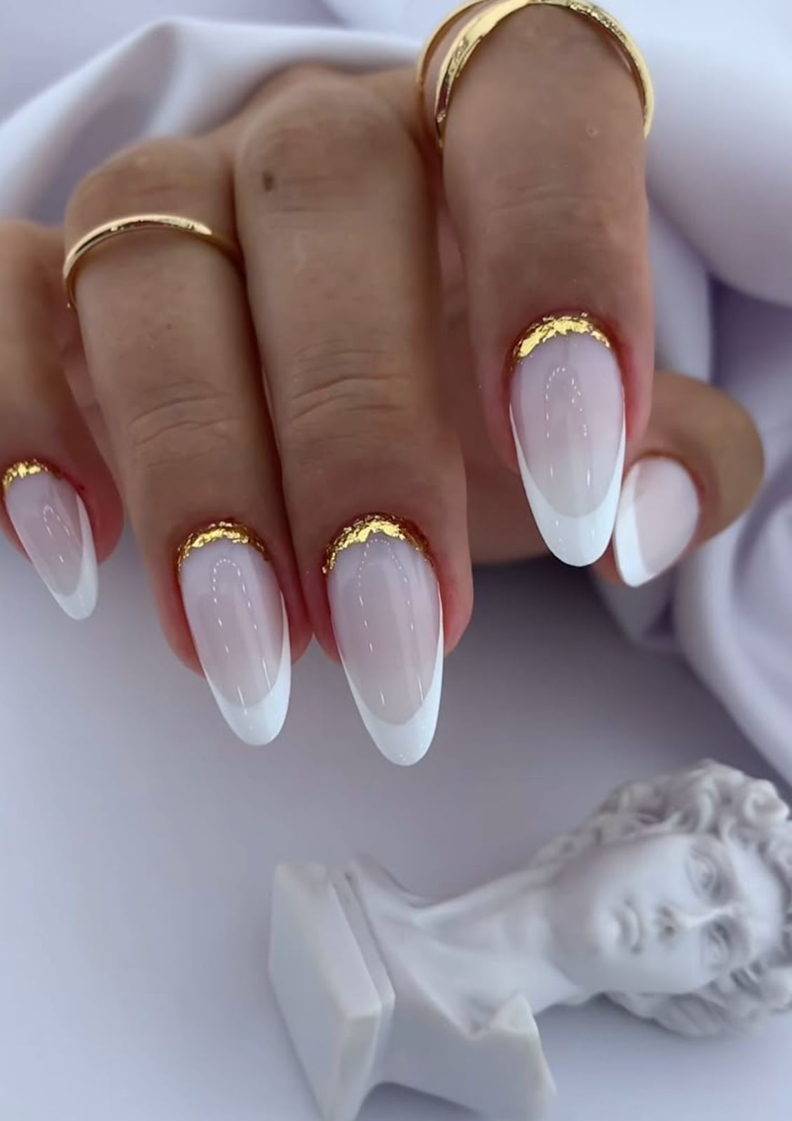 Milky Pink Gold Foil French Medium Almond Nails Milky Pink Gold Foil French Medium Almond Nails — Simple Luxury Nails