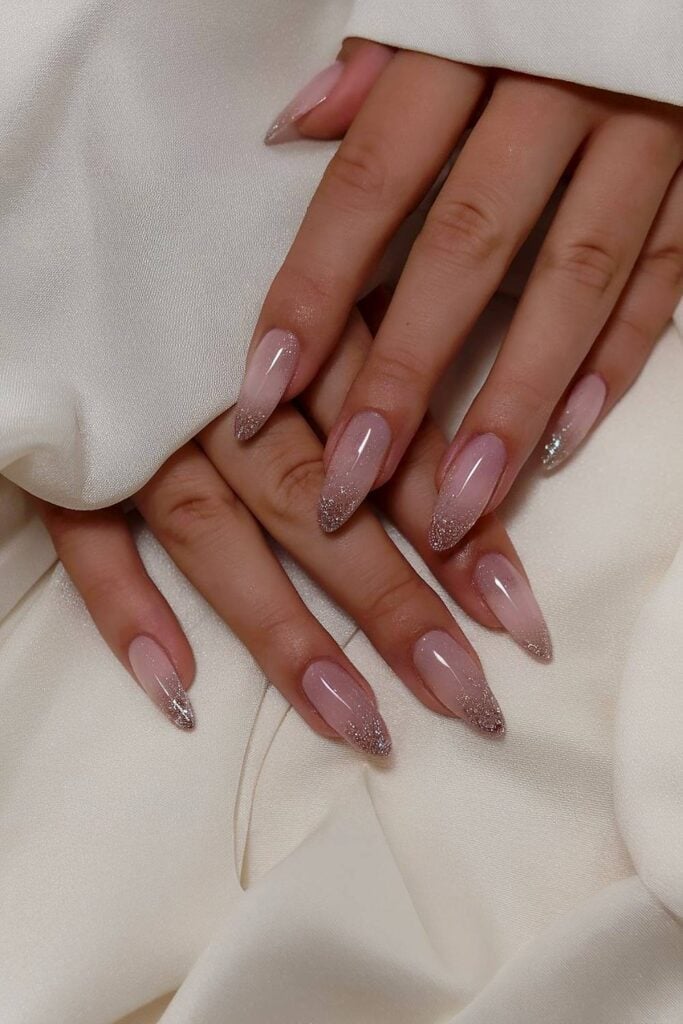 Pink Silver Glitter Tip Medium Almond Nails Pink Silver Glitter Tip Medium Almond Nails — Simple Luxury Nails