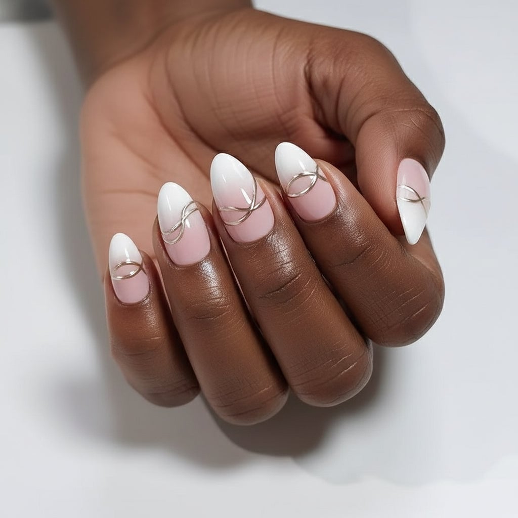 Silver Line French Gradient Almond Nails Silver Line French Gradient Almond Nails — Simple Luxury Nails