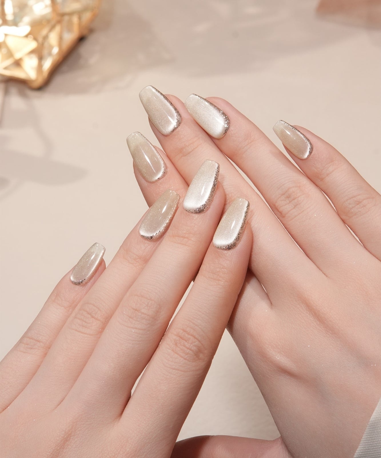 Sheer Beige Cat-Eye With Silver Glitter Tips — Simple Metallic Nails