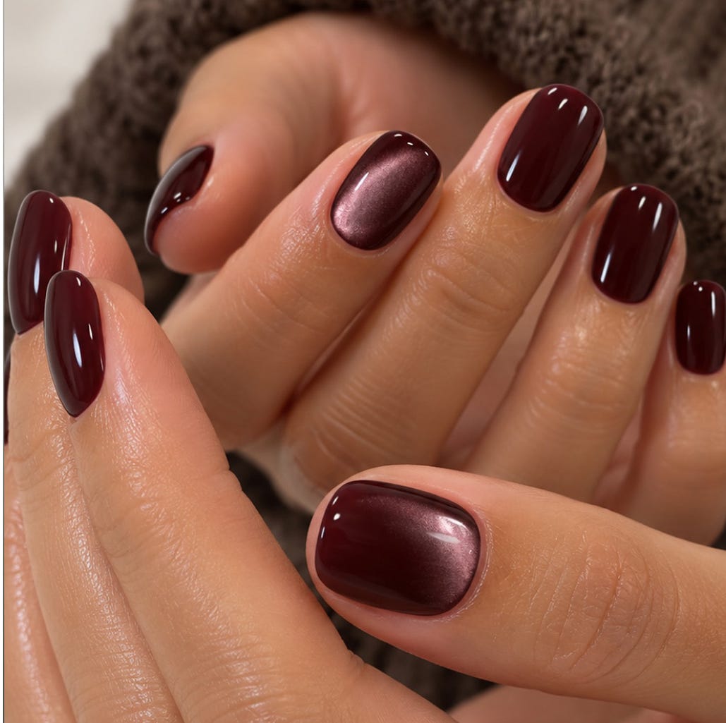 Deep Burgundy Cat-Eye Effect Short Oval Nails — Simple Metallic Nails