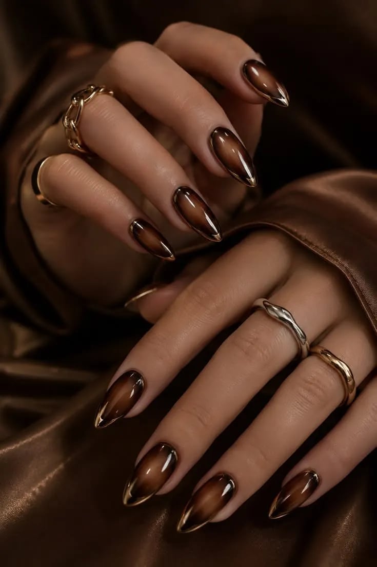 Long Almond Chrome French Tips Gradient — Simple Metallic Nails