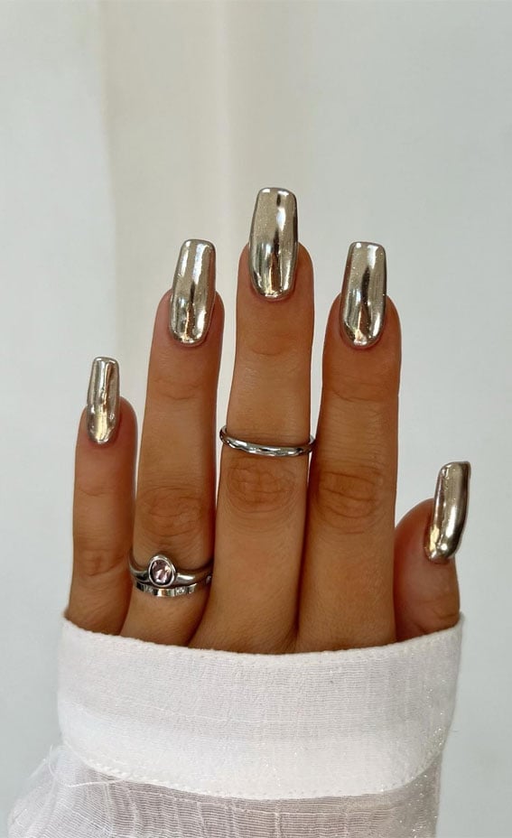 Long Square Silver Mirror Chrome Nails — Simple Metallic Nails